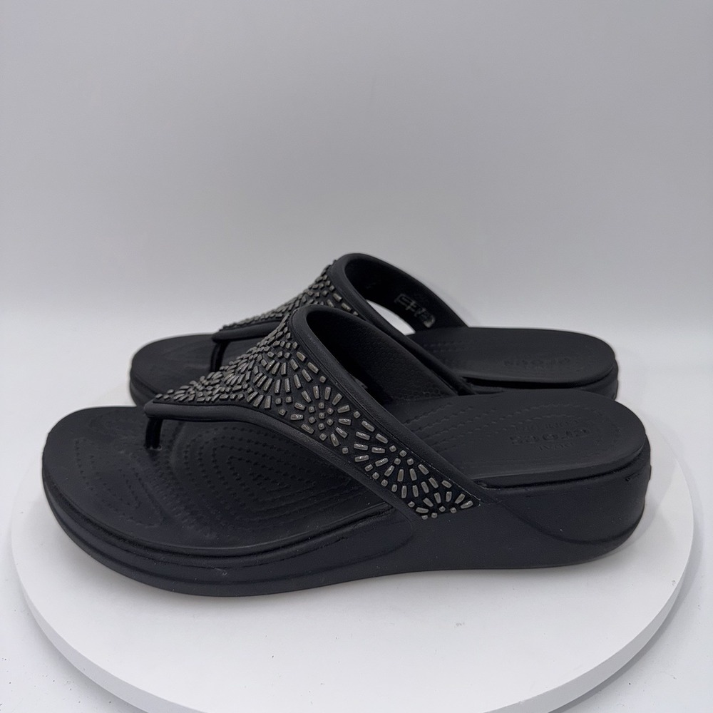 Crocs Monterey Diamante Wedge Flip Flops Black Women's Size 8 Boho Comfort